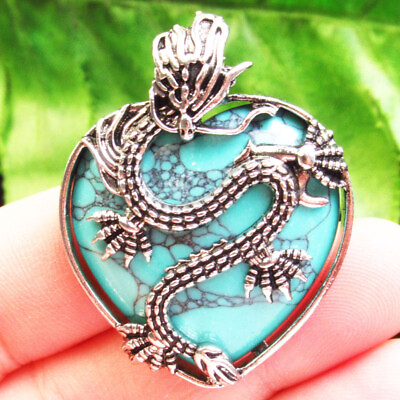 #ad 42x32x9mm Dragon Wrapped Blue Turquoise Heart Pendant Bead FH01851 $11.61