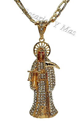 #ad Santa Muerte Gold Plated Pendant with 26quot; Necklace White Rhinestones New $59.99