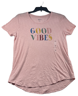 #ad Style and Co Shirt Womens size Medium Pink Good Vibes Short Sleeve Casual New $11.25