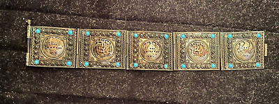 #ad Vintage 1940s Silver Panel Link Bracelet with Turquoise Gemstones 900 Silver $99.99