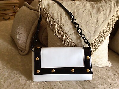 #ad ST JOHN KNITS Genuine Leather Designer Handbag White Black Gold Details $195.00