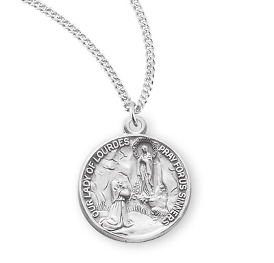 #ad Round Sterling Silver Our Lady of Lourdes Catholic Medal Pendant Necklace $74.88