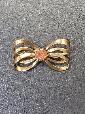 #ad Vintage Openwork Bow Gold Tone amp; Goldstone Jewelry Pin Brooch $16.97