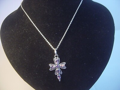 #ad SUPERB STERLING SILVER 16quot; OPEN CHAIN amp; FANCY CROSS PENDENT LOVLEY REAL AMETHYST GBP 45.00