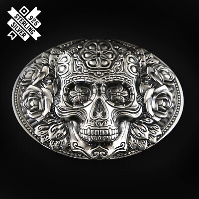 #ad Santa Muerte Skull El Día de Muertos solid 925 Sterling Silver belt buckle $399.95