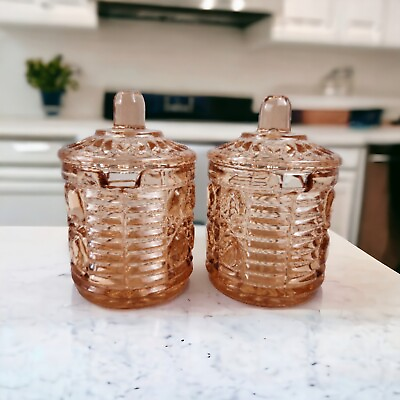 #ad 2 Vtg Indiana Glass Pink Windsor Jam Sugar Condiment Pots Jars With Lids 5quot; MINT $29.99