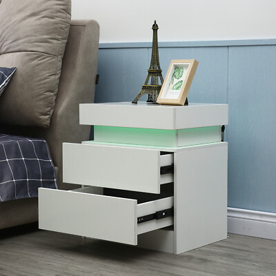 #ad Modern Bedroom Nightstand w 2 Drawer LED Light High Gloss Bedside Table Dresser $48.88