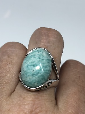 #ad Antique Deco Genuine Blue Amazonite Vintage 925 Sterling Silver Size 8 Ring $95.00