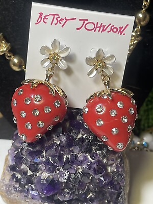 #ad Betsey Johnson Rhinestone Encrusted Plump Strawberry amp; Flower Pierced Earrings $47.75