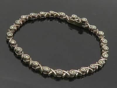 #ad 925 Sterling Silver Vintage Sparkling Marcasite XO Chain Bracelet BT6470 $79.91