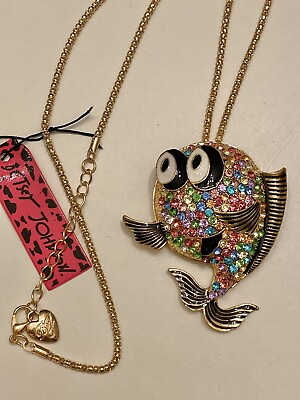 #ad Betsey Johnson Colorful Enamel Crystal Fish Pendant Chain Necklace Brooch NWT $16.28