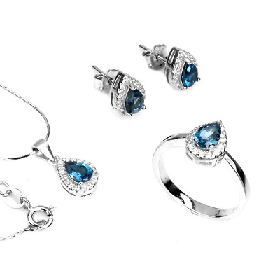 #ad Pear London Blue Topaz 6x4mm Cz 14K White Gold Plate 925 Sterling Silver Sets $69.50