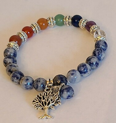 #ad Natural Stone Yoga Healing Elastic Dainty Beaded Bracelet White amp; Blue Tree $12.00