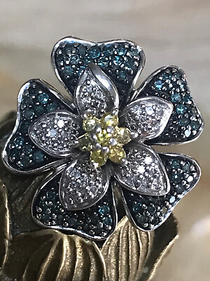 #ad Estate Real Blue White amp; Yellow Diamond 925 Sterling Silver Flower Ring Sz 7 $249.00