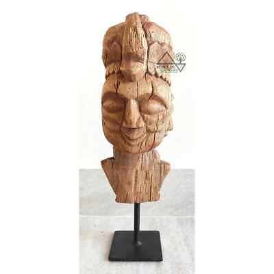 #ad Old Wooden Original Men Head Statue Iron Stand With Natural Finish Vintage Decor $155.99