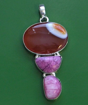 #ad PINK VEINED JASPER RED AGATE SOLID STERLING SILVER 2.5quot; PENDANT NICE $16.79