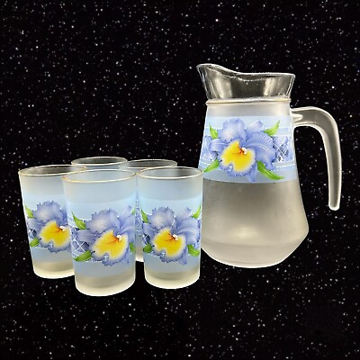 #ad Briliant Frosted Flower Glass Pitcher 6 Pc Set Glass Drinking Glasses Indonesia $88.00