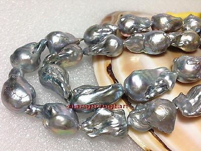#ad AAAAA LONG REAL NATURAL 35quot; 30mm south sea baroque silver gray pearl necklace $830.00