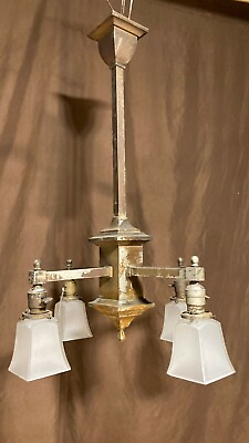 #ad Antique 1900s Arts Crafts Mission Brass Bronze Ceiling Light Fixture Chandelier $695.00