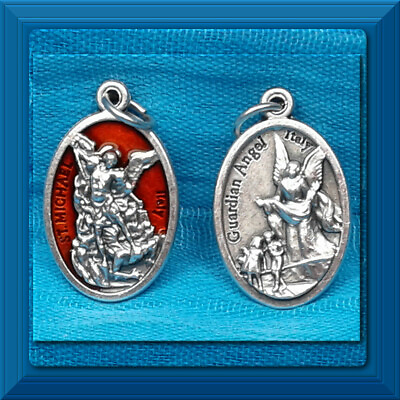 #ad Catholic Medal DOUBLE SIDED Guardian Angel SAINT MICHAEL Red Enamel DETAILED NEW $1.75