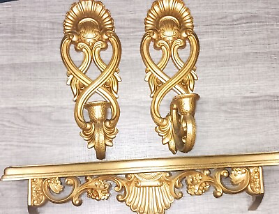 #ad 1988Vintage HOMCO Gold candle Sconce set for wall made in USA Hollywood Regency $50.00