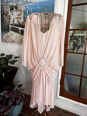 #ad Casadei 1982 Electra Vintage Pink Plunging Neckline Shoulder Beading Dress $31.00