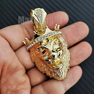 #ad HIP HOP ICED RAPPER STYLE LAB DIAMOND GOLD PLATED KING CROWN LION HEAD PENDANT $16.99