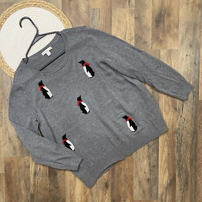 #ad Westport Gray Pullover Sweater Rhinestone Penguins Womens XL Cotton Rayon $11.02