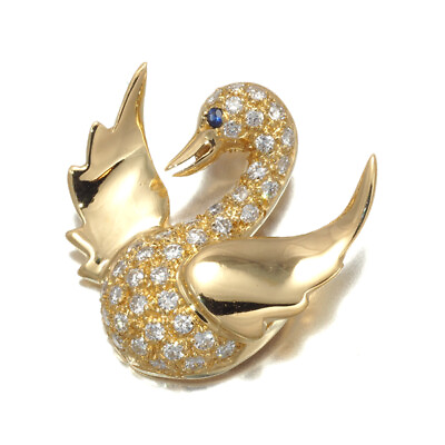 #ad Diamond Sapphire Swan Pendant 18K 750 Yellow Gold $548.86