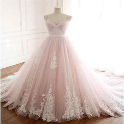 #ad Blush Pink Princess Wedding Dresses Straps A line Lace Court Train Bridal Gowns $163.00