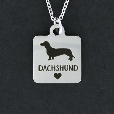 #ad DACHSHUND Necklace Stainless Steel Charm on Chain Square Heart Dog Engraved $19.00