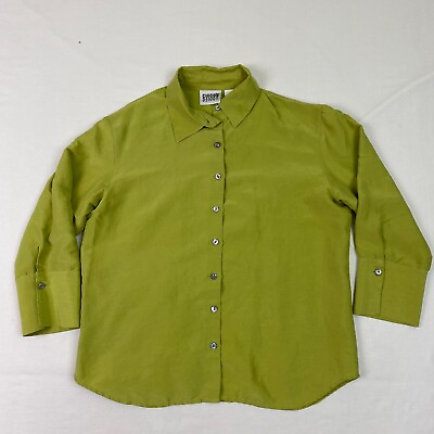 #ad Chicos design Button Up Shirt Womens 1 green 100% Silk Long Sleeve Lightweight $15.56