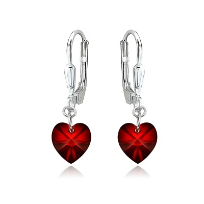 #ad Dainty Heart Red Sterling Silver Leverback Earrings with European Crystals $11.99