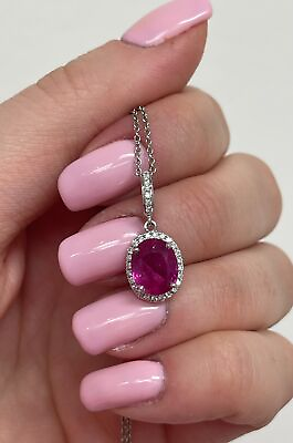 #ad 18K Gold 3.04ctw Natural Oval Burma No Heat Ruby Diamond Halo PLAT Necklace 18quot; $9999.00