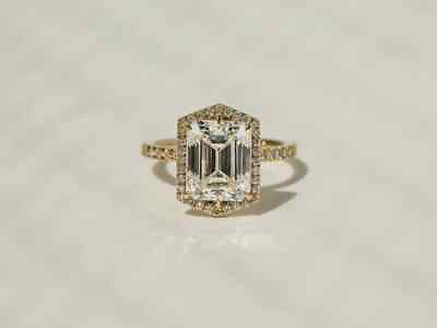 #ad Unique Design Sterling Silver Halo Emerald Shape Moissanite Engagement Ring $215.00