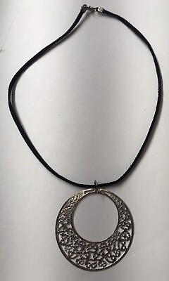 #ad Smooth Black Suede Cord Necklace With Open Circle Silver Pendant 16 Inches Long $9.05