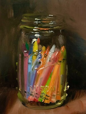 #ad Crayons in a Jar By VERRIER Still life oil painting Signed art print $45.00