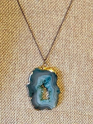 #ad gold tone blue geode slice pendant necklace $12.00