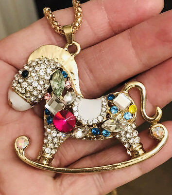 #ad Betsey Johnson Multi Color Enamel Crystal Rocking Horse Pendant Necklace NWT $17.99