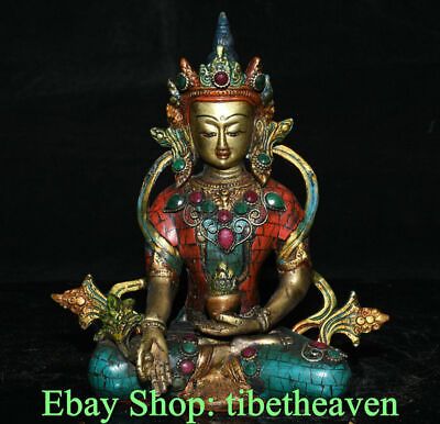 #ad 8quot; Old Tibetan Copper Turquoise Gems Buddhism Amitayus longevity Goddess Statue $257.30