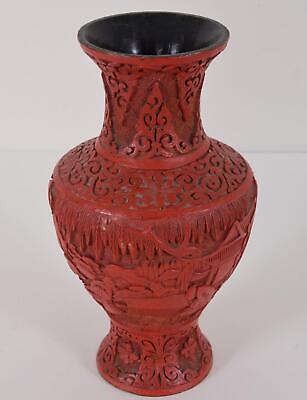 #ad Chinese Carved Cinnabar Lacquer Vase Men in Rock Garden Qing Dynasty 19th C $199.99