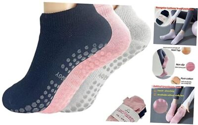 #ad Pilates Socks with Grips for Women Non Slip One Size 3p Black Grey Pink $15.36