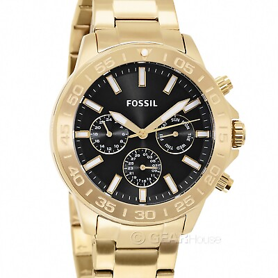 #ad FOSSIL Bannon Mens Gold Multifunction Watch Black Dial Date Stainless Steel Band $74.90