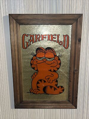 #ad Garfield The Cat Cartoon Glitter Art In Wooden Frame 13.5” X 19.5” $160.00
