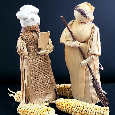 #ad VTG Corn Husk Mother Daughter Doll Figurines Cooking Primitive Folk Art Czech $22.40