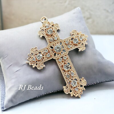#ad #ad 3quot; XL Gold Rhinestone Crystal Wedding Bridal Candle Rosary Pendant Cross Charm $8.00