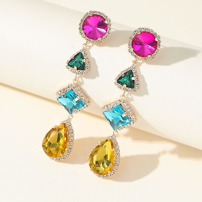 #ad Multi Layer Dangle Earrings Colored Diamond Geometric Shape Teardrop Earrings $6.30
