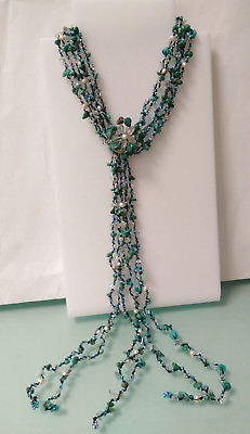 #ad Turquoise Freshwater Pearl Rosette Tie Multi Strand Semiprecious Stone Necklace AU $79.00
