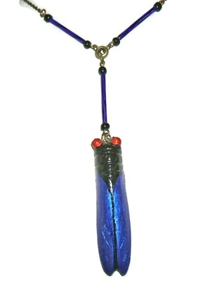 #ad COBALT BLUE LUCKY CICADA Necklace Egyptian Revival Pendant Vintage Style $24.95