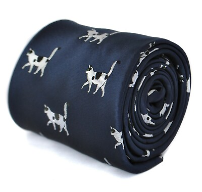 #ad Frederick Thomas Designer Mens Tie Dark Navy Blue Black amp; White Cat design GBP 14.99
